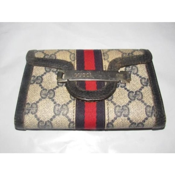 Gucci Navy G Logo Red Blue Stripe Tri Fold Wallet Vintage Collection - Picture 1 of 6